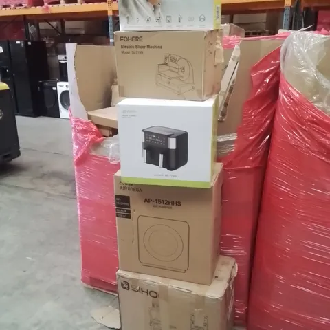 PALLET CONTAINING VARIOUS ASSORTED BOXED HOUSEHOLD ITEMS TO INCLUDE: OFFICE CHAIR, AIR PURIFIER, AIRFRYER, HEATED BLANKET AND LOTS MORE UNMARKED BOXED ITEMS