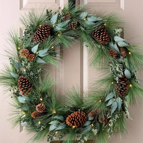 BOXED PRE LIT CHRISTMAS WREATH WITH GREEN BERRIES AND PINECONES - 90 CM