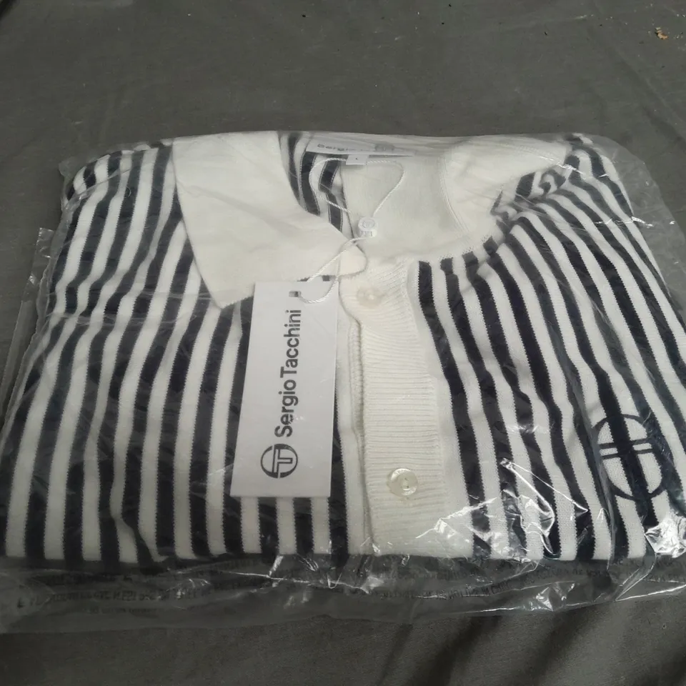 SEALED SERGIO TACCHINI WHITE & NAVY STRIPE BUTTON DOWN SHIRT - LARGE