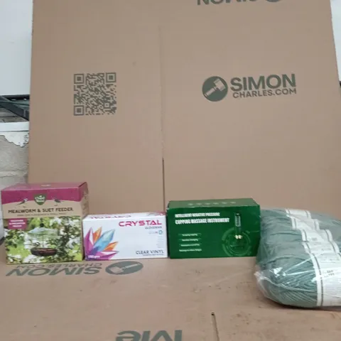 BOX OF APPROXIMATELY 15 ASSORTED ITEMS INCLUDING CHAPEL WOOD MEALWORM & SUET FEEDER, INTELLIGENT NEGATIVE PRESSURE CUPPING MASSAGE INSTRUMENT AND CRYSTAL GLOVEMAN CLEAR VINLY POWDER FREE GLOVES