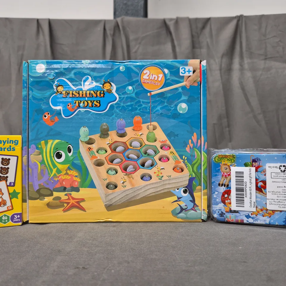 BOX OF APPROXIMATELY 15 ASSORTED TOYS AND GAMES TO INCLUDE FISHING TOYS, HAPELLO PLAYING CARDS, ETC - COLLECTION ONLY