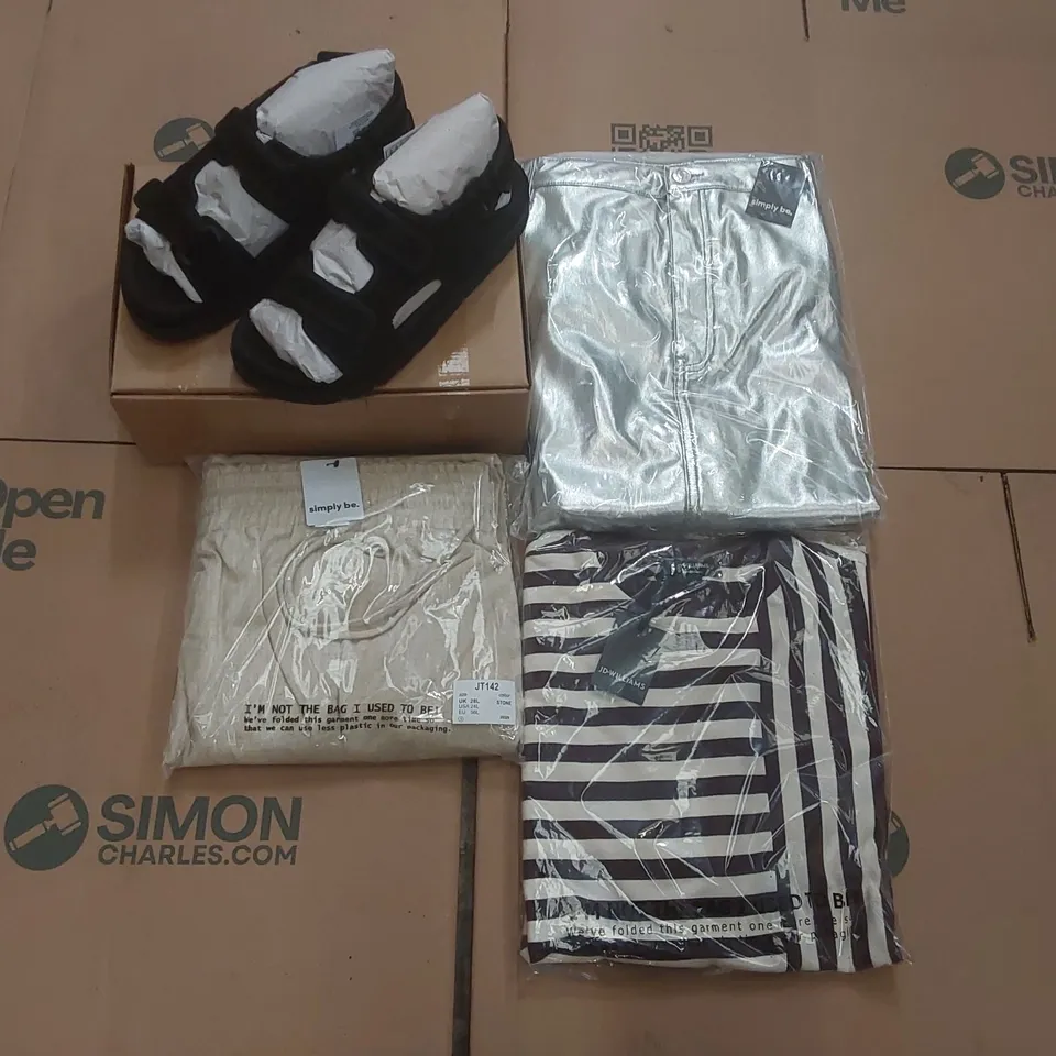 PALLET CONTAINING APPROXIMATELY 320x BRAND NEW ASSORTED DESIGNER CLOTHING ITEMS INCLUDING: SIMPLY BE SANDALS, JD WILLIAMS STRIPED T-SHIRTS, SIMPLY BE METALLIC SKIRTS, SIMPLY BE WIDE LEG TROUSERS ECT