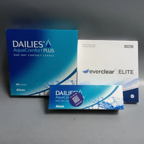 APPROXIMATELY 12 BOXED DISPOSABLE CONTACT LENS TO INCLUDE ALCON DAILIES 90PCS, EVERCLEAR ELITE 30PCS, ALCON DAILIES AQUA COMFORT PLUS 30PCS