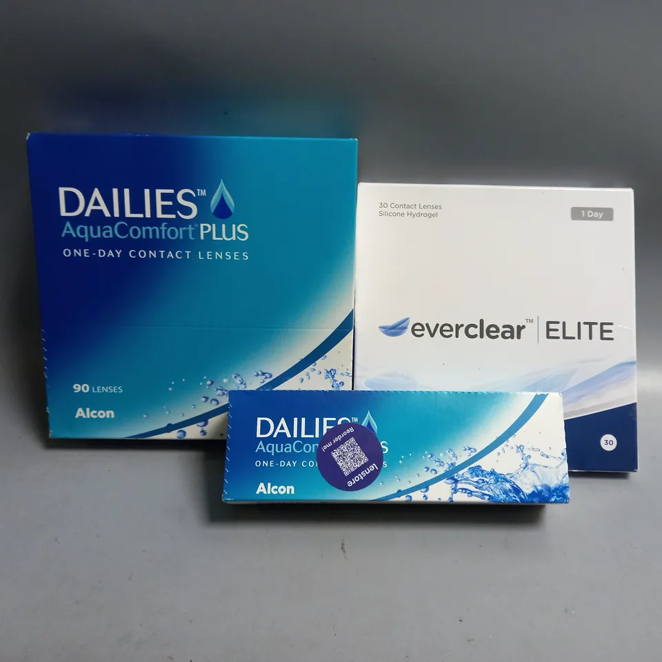 APPROXIMATELY 12 BOXED DISPOSABLE CONTACT LENS TO INCLUDE ALCON DAILIES 90PCS, EVERCLEAR ELITE 30PCS, ALCON DAILIES AQUA COMFORT PLUS 30PCS 