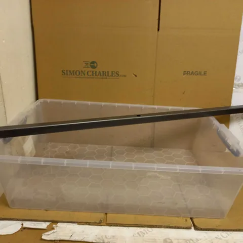 BOX OF APPROX 10 VARIOUS SPARE PARTS TO INCLUDE VERY USEFUL STORAGE BOX (NO LID), SPARE LEGS FOR EGG CHAIR (BLACK)