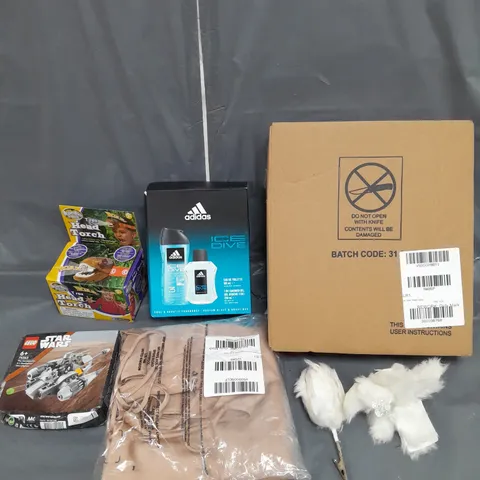 BOX OF APPROXIMATELY 8 ASSORTED HOUSEHOLD ITEMS TO INCLUDE - ADIDAS ICE DIVE SET - LEGO STAR WARS THE MANDALORIAN MICROFIGHTER - STRAPPY OPEN BACK SATIN MAXI DRESS IN LIGHT BROWN SIZE 16 - ETC