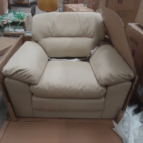 BOXED BEIGE UPHOLSTERED FAUX LEATHER ARMCHAIR
