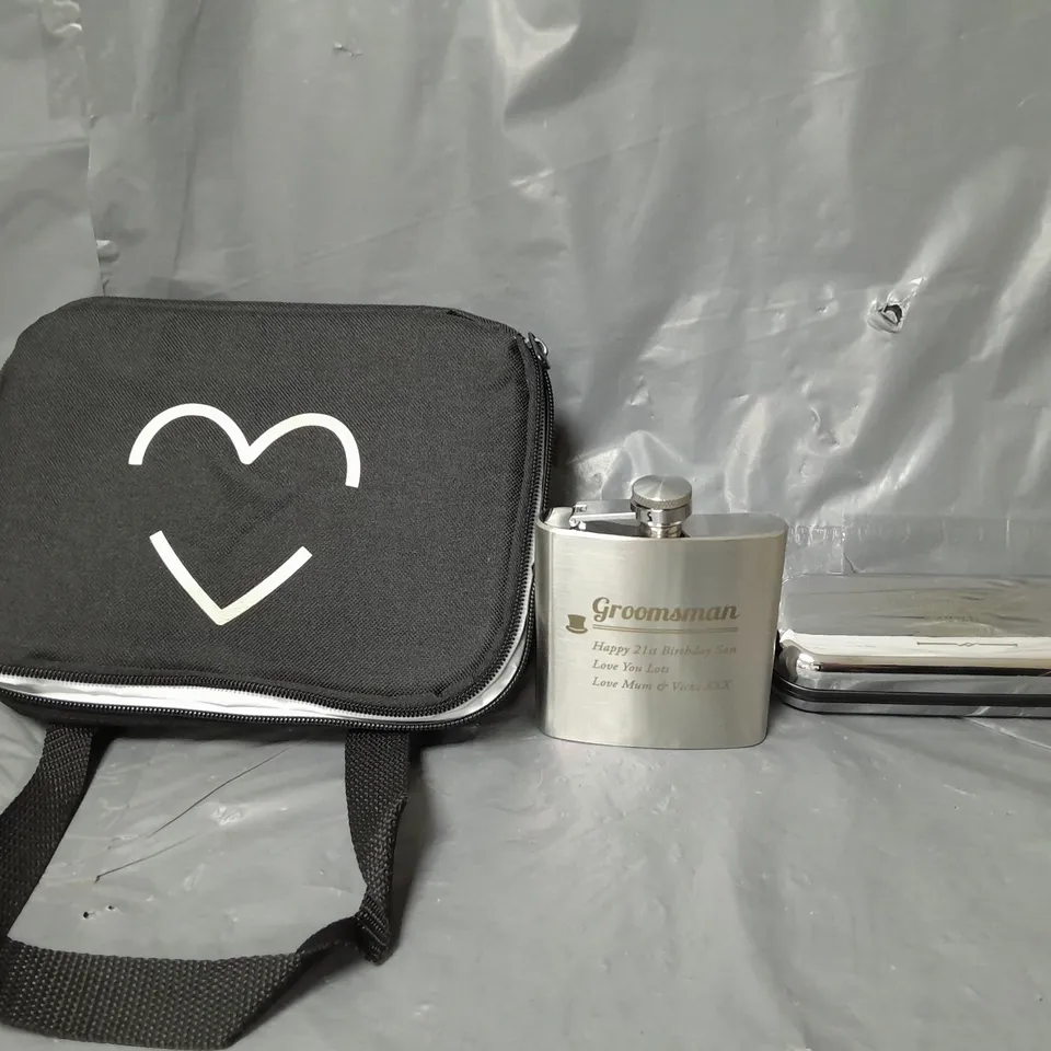 BOX OF APPROXIMATELY 5 ASSORTED ITEMS TO INCLUDE - PERSONALISED PEN CASE WITH PEN , BLACK BAG , PERSONALISED FLASK ETC