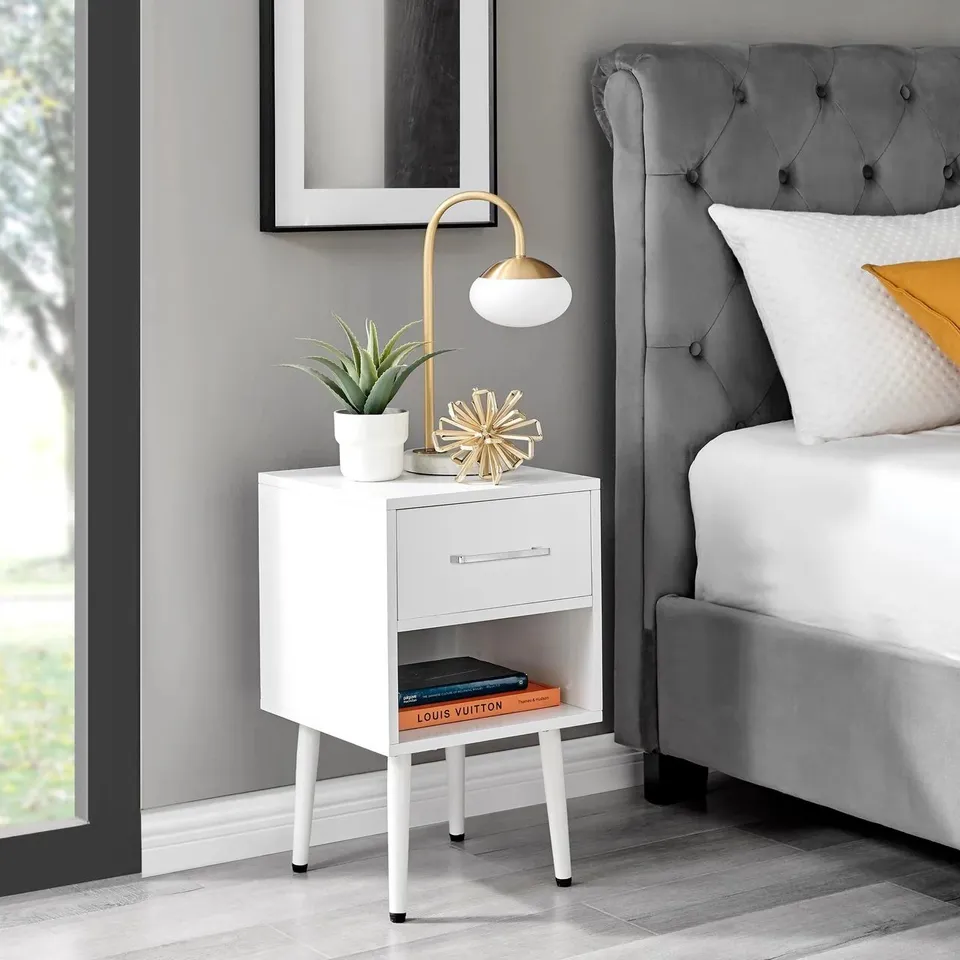 BOXED TAYLOR 1 DRAWER WHITE BEDSIDE TABLE SILVER HANDLES