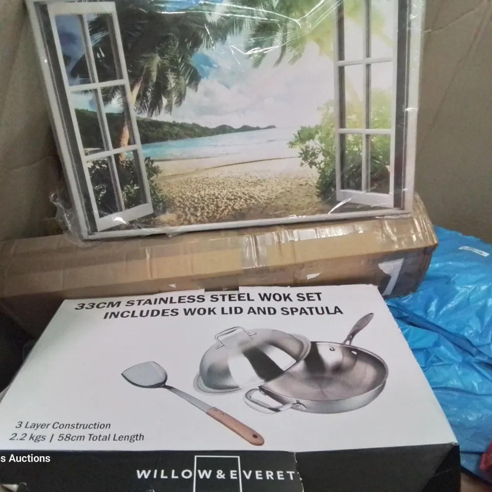 PALLET OF ASSORTED ITEMS TO INCLUDE, STAINLESS STEEL WOK SET, FRAMELESS PRINY, POP UP SHELTER, PORCELAIN TEA SET.