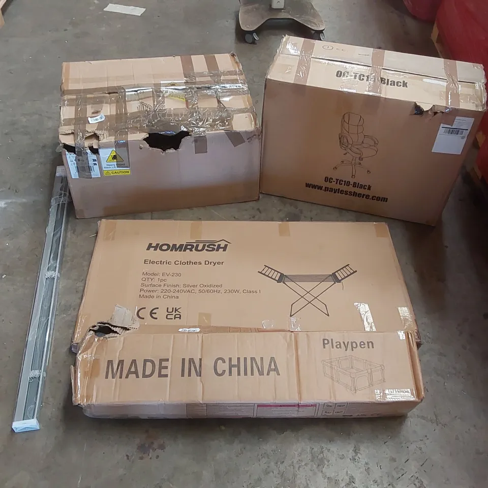 PALLET OF ASSORTED ITEMS INCLUDING: OFFICE CHAIRS, PLAYPEN, ELECTRIC CLOTHES DRYER, BLINDS ECT
