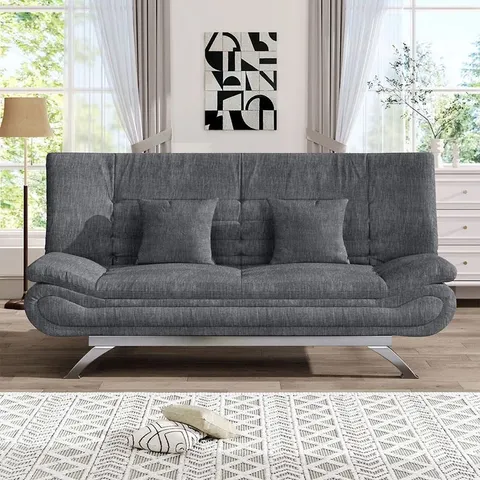 BOXED LINEN FABRIC 2 SEATER CONVERTIBLE SOFA BED WITH PILLOWS