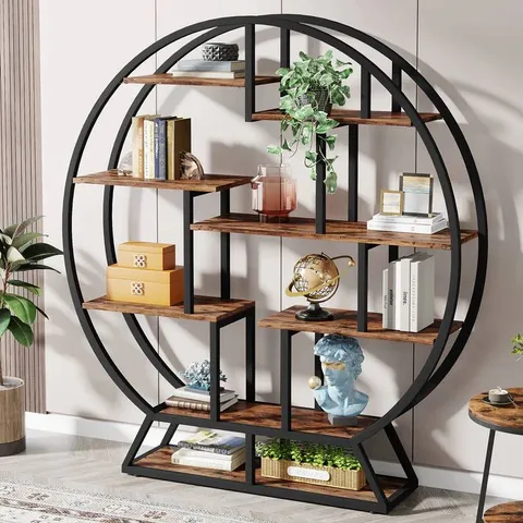 BOXED ROUND BOOKSHELF, 63 INCH ETAGERE BOOKCASE WITH STAGGERED SHELVES - BLACK/BROWN (1 BOX)