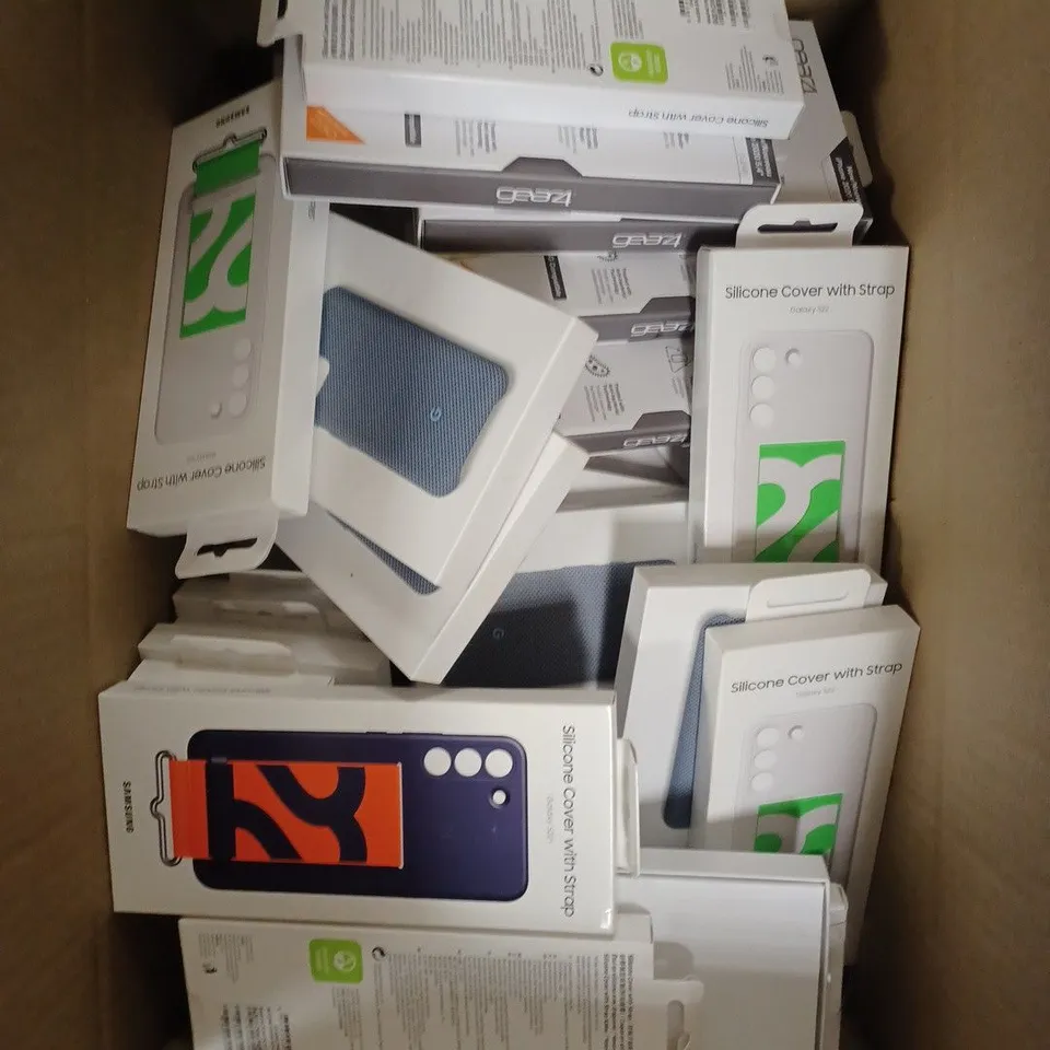 BOX OF APPROX 30 ASSORTED PROTECTIVE PHONE CASES FOR VARIOUS MODELS TO INCLUDE PIXEL 4, GALAXY S22+, IPHONE 2020 5.4" ETC 