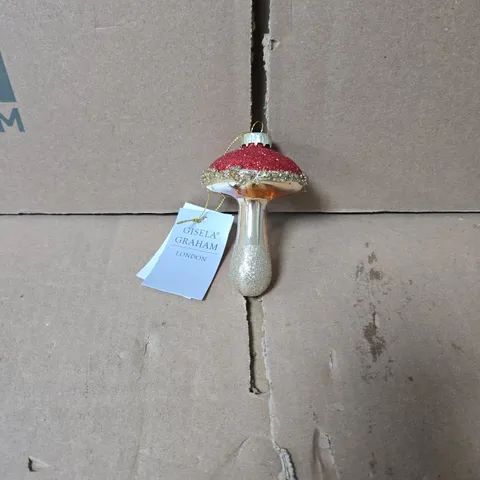 BOX OF 12 GISELA GRAHAM RED AND GOLD TOADSTOOL STYLE CHRISTMAS HANGING DECORATIONS