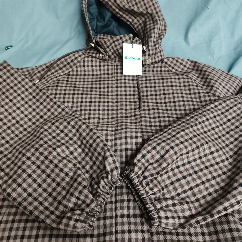 BARBOUR AUDREY SHOWERPROOF JACKET – BROWN CHECK, UK SIZE 16