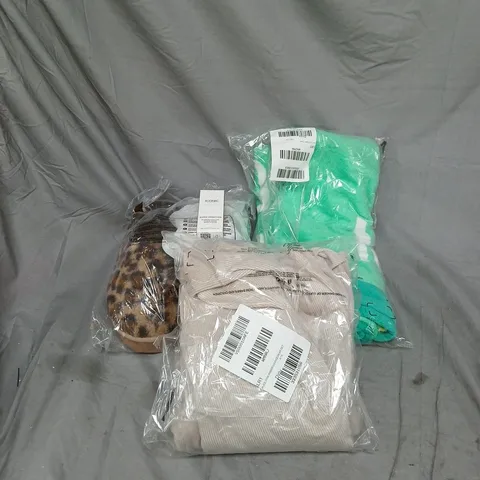 BOX OF APPROXIMATELY 15 ASSORTED HOUSEHOLD ITEMS INCLUDING ICONIC LONDON SUPER SMOOTHER 30ML, RIBBED LOUNGEWEAR SET SIZE 8-10, ANIMAL PRINT SLIPPERS SIZE 8 AND GREEN BEACH TOWEL ETC