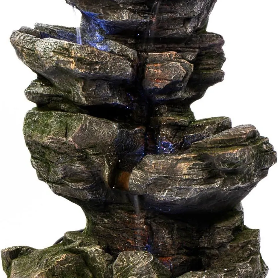BOXED SERENITY CASCADING ROCK WATERFALL WATER FEATURE WITH LED LIGHTS 82CM SELF-CONTAINED TIERED GARDEN FOUNTAIN INDOOR OUTDOOR POLYRESIN NATURAL STONE LOOK