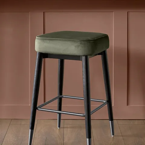 BOXED DANETTI CLOVER OLIVE GREEN VELVET BACKLESS STAINLESS STEEL BAR STOOL