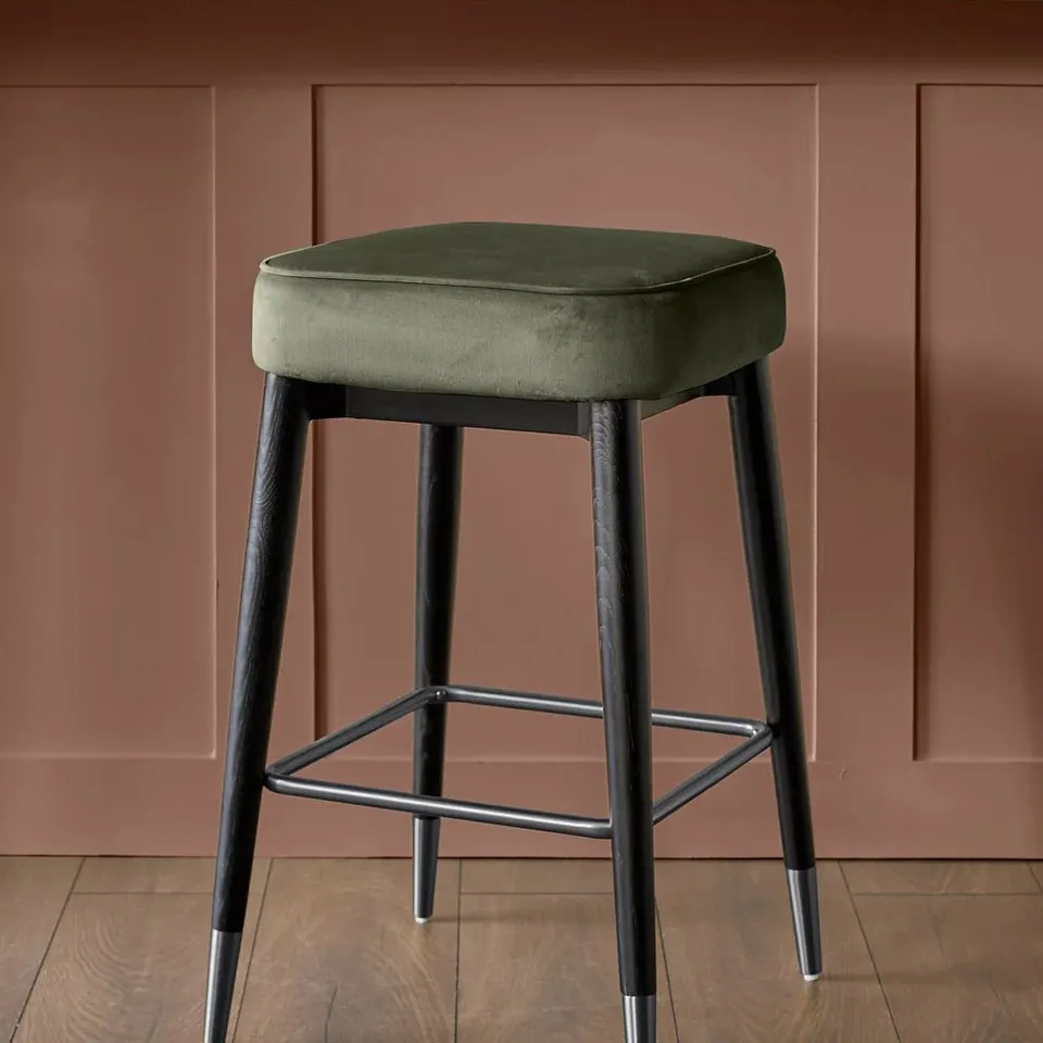 BOXED DANETTI CLOVER OLIVE GREEN VELVET BACKLESS STAINLESS STEEL BAR STOOL