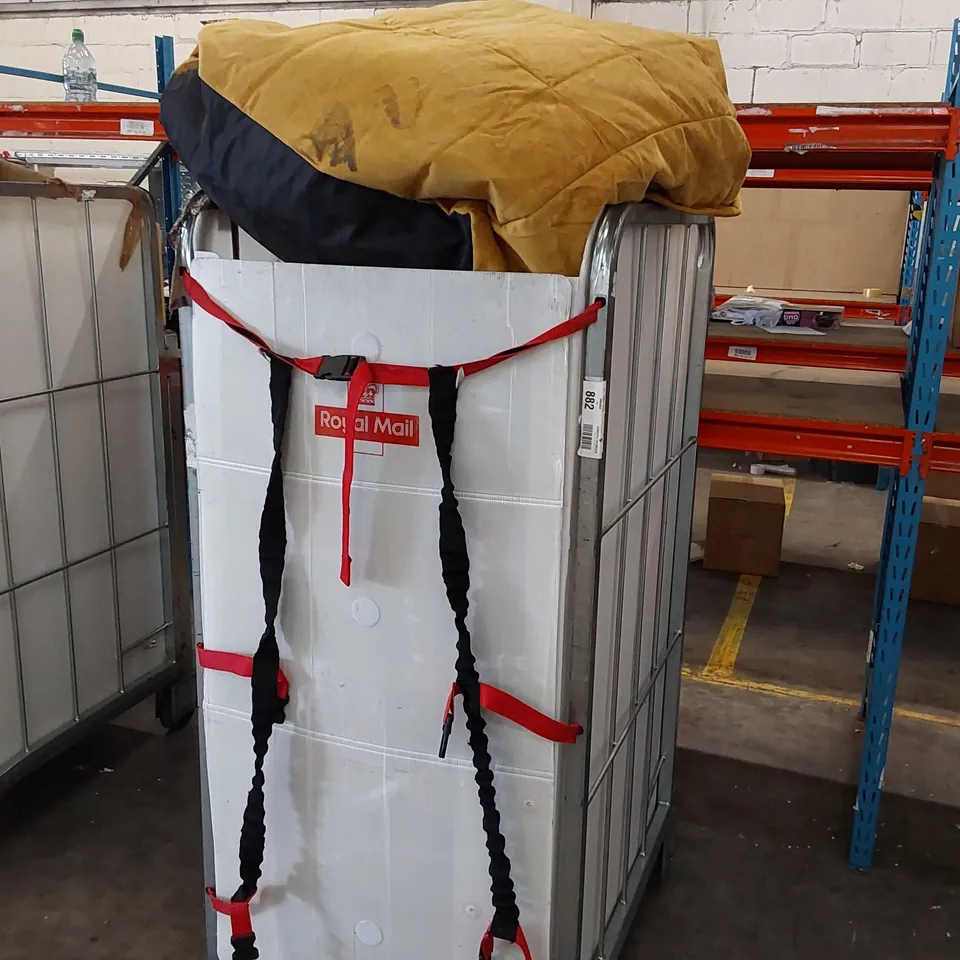 CAGE OF ASSORTED CONSUMER GOODS TO INCLUDE; YELLOW BEAN BAG, LAWN MOVER ECT. (CAGE NOT INCLUDED)