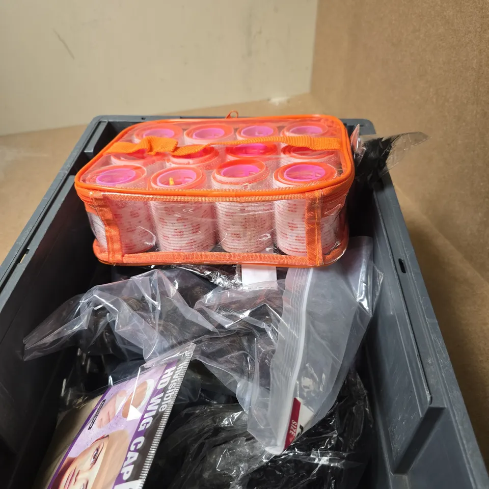 APPROXIMATELY 8 ASSORTED COSMETIC ITEMS INCLUDING HAIR ROLLERS AND WIGS 