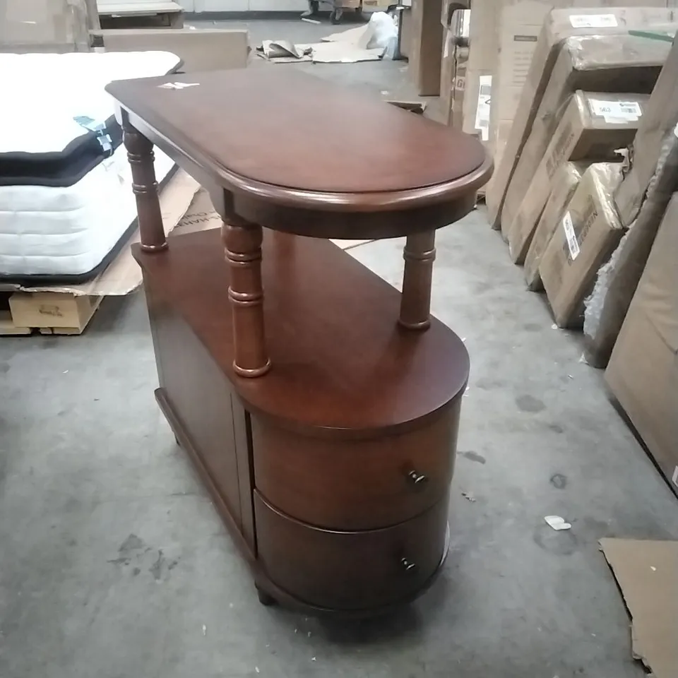 WOOD NARROW END TABLE WITH DRAWERS AND SHELF - CARAMEL BROWN 