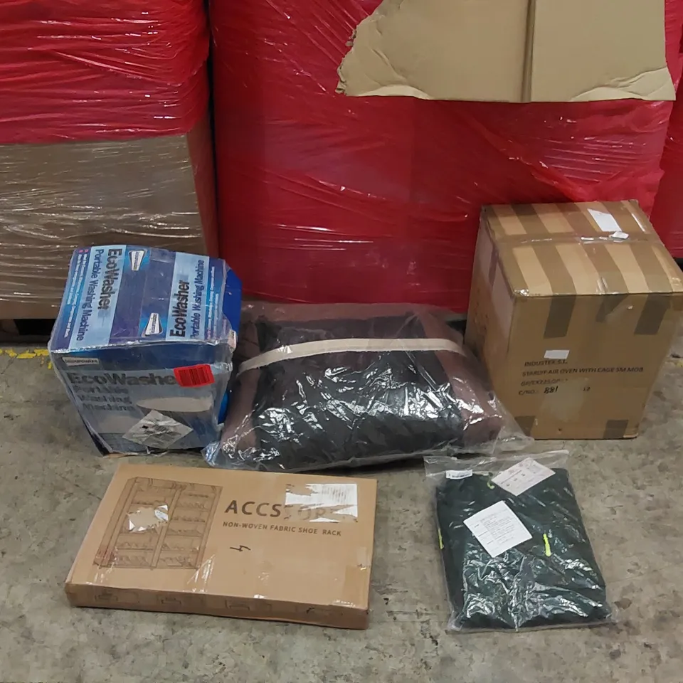 PALLET OF ASSORTED ITEMS INCLUDING: AIR FRYER, PORTABLE WASHING MACHINE, PET BED, MEN'S CLOTHING, FABRIC SHOE RACK