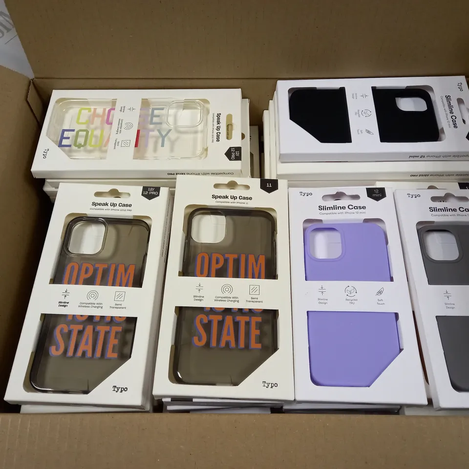 BOX OF APPROXIMATELY 60 TYPO PHONES CASES ('SLIMLINE CASE' & 'SPEAK UP CASE') FOR IPHONE 11, 12 MINI, 12/12PRO IN VARYING COLOURS