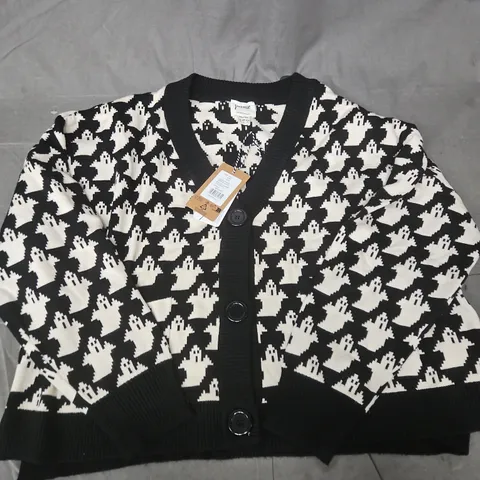 JOANIE WOMEN'S CARDIGAN – BLACK & IVORY GHOST KNIT PATTERN - UK LARGE