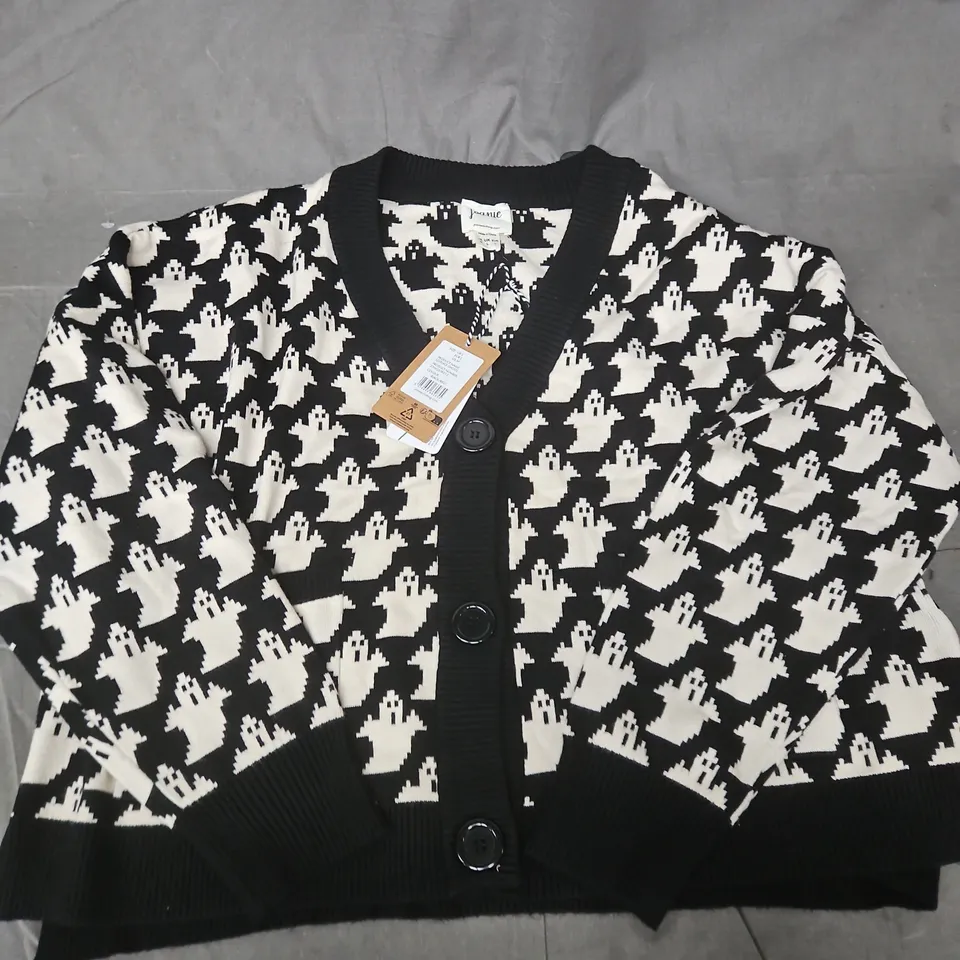 JOANIE WOMEN'S CARDIGAN – BLACK & IVORY GHOST KNIT PATTERN - UK LARGE