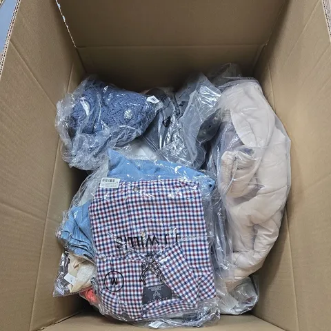 BOX OF APPROXIMATELY 25 ITEMS OF CLOTHING IN VARIOUS STYLES , SIZES AND COLOURS