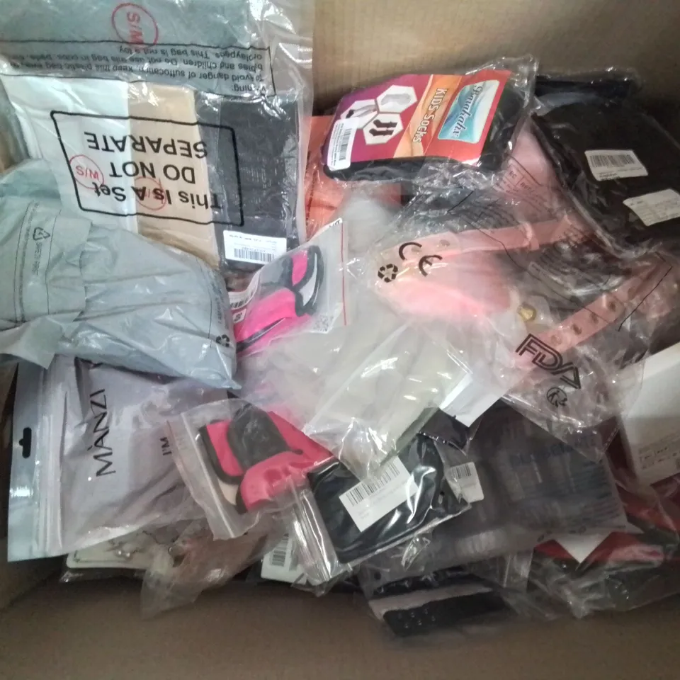 BOX CONTAINING LARGE AMOUNT OF MIXED FASHION ITEMS, SILVER PLATE AND COSTUME JEWELLERY, CLOTHING ITEMS ETC.