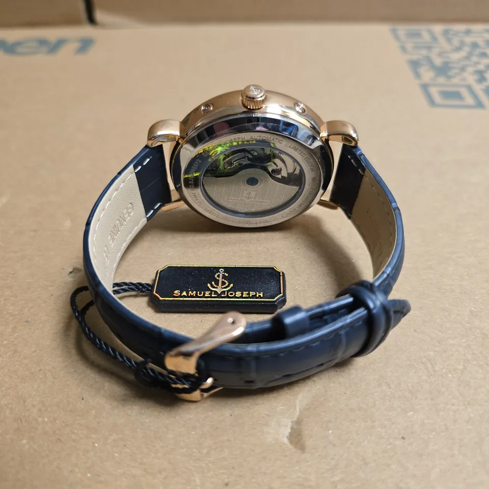 BOXED SAMUEL JOSEPH AUTOMATIC LIMITED EDITION ROSE GOLD TONE BLUE DIAL WATCH 