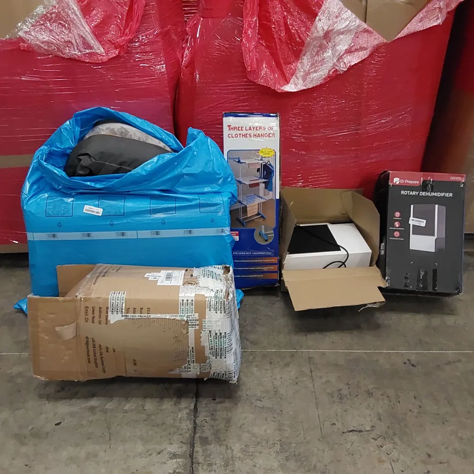 PALLET OF ASSORTED ITEMS INCLUDING: DEHUMIDIFIERS, CLOTHES HANGER, MATTRESS, PET BEDS
