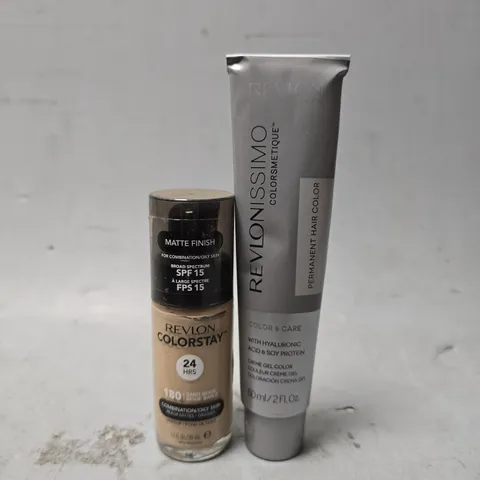 BOX OF APPROXIMATELY 15 ASSORTED REVLON ITEMS TO INCLUDE - COLOURSTAY MAKEUP 180 , REVLONISSIMO COLOR SMETIQUE CREME GEL COLOUR 