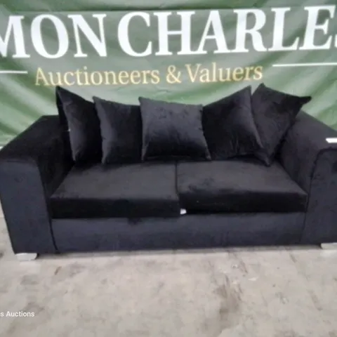 DESIGNER TWO SEATER SOFA WITH SCATTER CUSHIONS BLACK PLUSH FABRIC