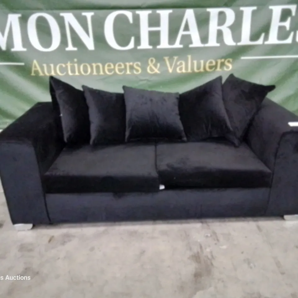 DESIGNER TWO SEATER SOFA WITH SCATTER CUSHIONS BLACK PLUSH FABRIC 