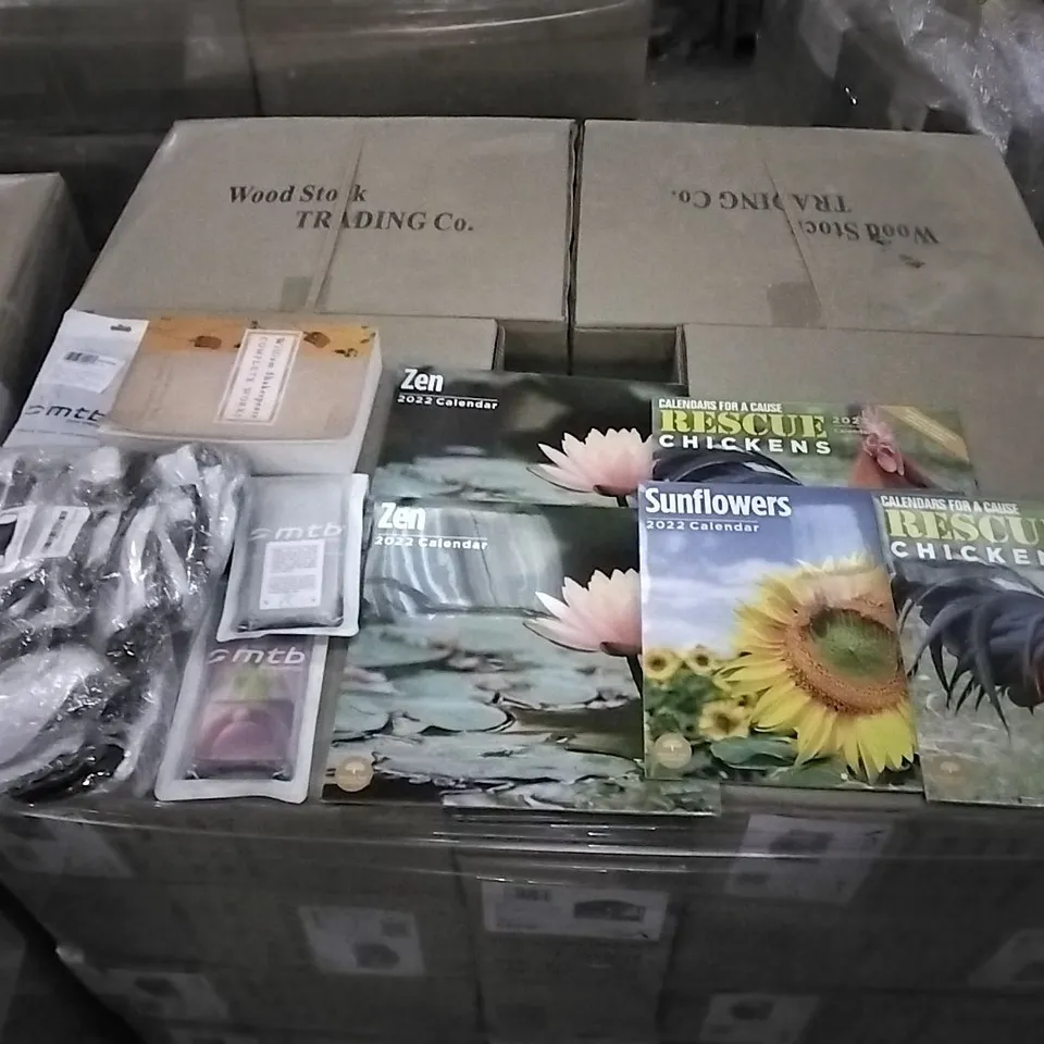 PALLET OF ASSORTED ITEMS INCLUDING 2022 RESCUE CHICKEN CALENDAR, 2022 ZEN CALENDER, 2022 SUNFLOWER CALENDER, WILLIAM SHAKESPEARE COMPLETE WORKS, PHONE CASES, BETLIGHT SELF-ADHESIVE NUMBERS