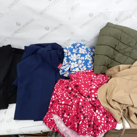 LARGE BOX OF ASSORTED CLOTHING ITEMS TOO INCLUDE TOPS , DRESSES AND BLAZERS COMING IN DIFFERENT COLOURS AND SIZES 