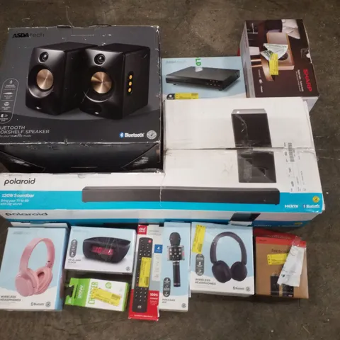 PALLET CONTAINING ASSORTED ELECTRICAL PRODUCTS INCLUDING POLAROID 120W SOUNDBAR, WIRELESS HEADPHONES, BLUETOOTH BOOKSHELF SPEAKER, UNIVERSAL REMOTE, DIGITAL RADIO & HDMI DVD PLAYER 
