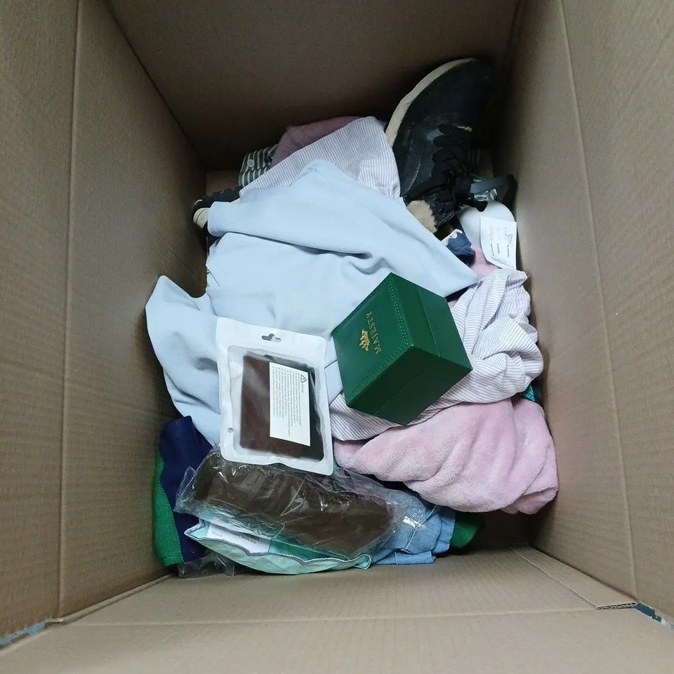 BOX OF APPROXIMATELY 12 ASSORTED HOUESHOLD ITEMS TO INCLUDE JDY TROUSERS, D AND CO SHIRT, CUDDL DUDS TOP, ANKLE TRAINERS ETC