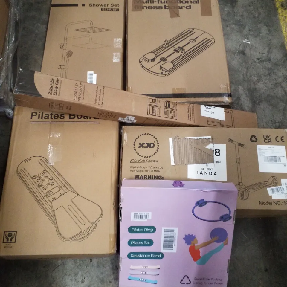 PALLET CONTAINING ASSORTED PRODUCTS INCLUDING SHOWER SET, MULTI-FUNCTIONAL FITNESS BOARD, KIDS KICK SCOOTER, RETRACTABLE SAFETY GATE & PILATES RING