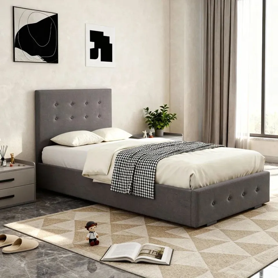 BOXED DELVIN 3 FT UPHOLSTERED OTTOMAN BED - GREY (2 BOXES)