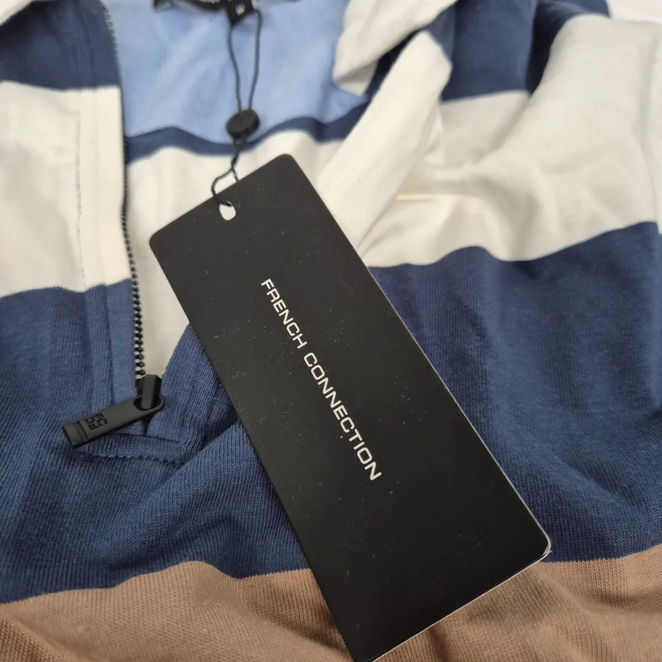 FRENCH CONNECTION STRIPED ZIP POLO SHIRT – ECRU/MIDNIGHT/MINK – SIZE M