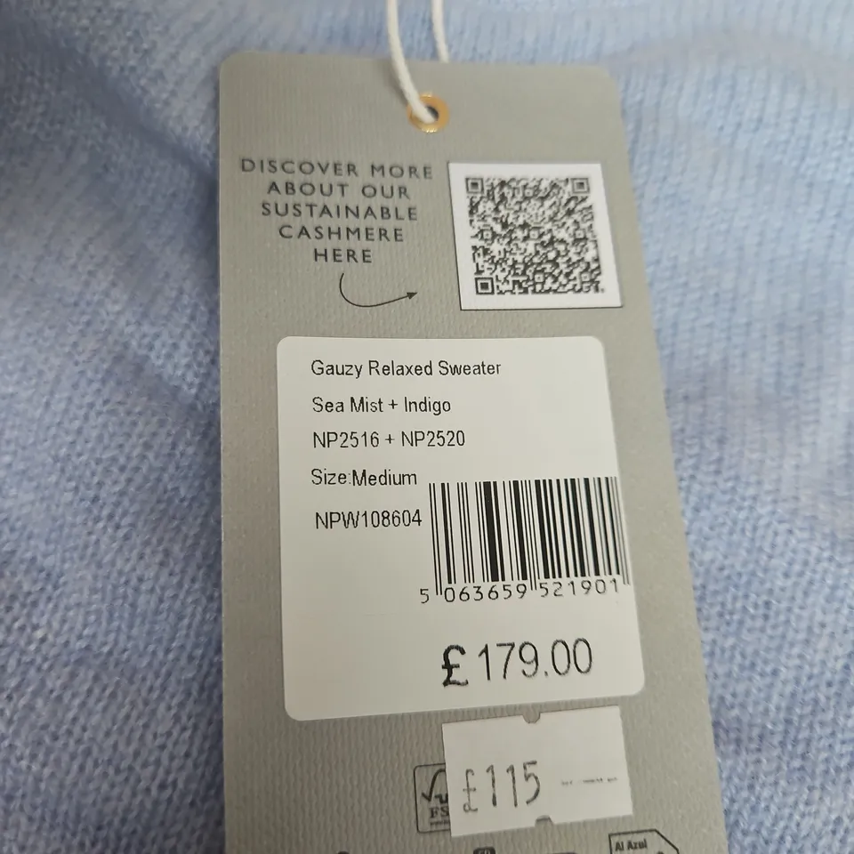 N.PEAL LONDON GAUZY RELAXED SWEATER – SEA MIST + INDIGO, SIZE MEDIUM