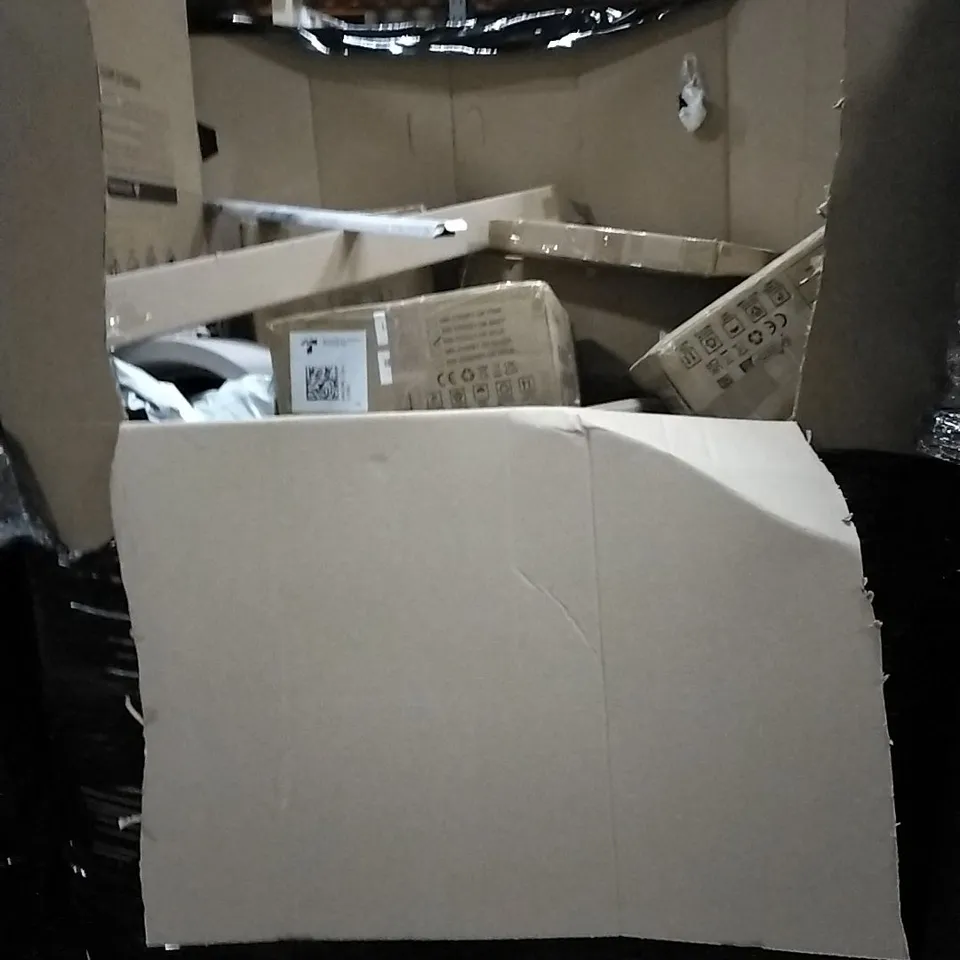 PALLET OF HOUSEHOLD ITEMS TO INCLUDE COMPUTER DESK, UNDER DESK ELECTRIC ELLIPTICAL TRAINER, CEILING FAN WITH LIGHTS AND OTHER ASSORTED ITEMS...