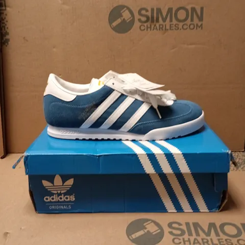 ADIDAS ORIGINALS BECKENBAUER TRAINERS – BLUE SUEDE, WHITE STRIPES, UK 10 (US 10½)