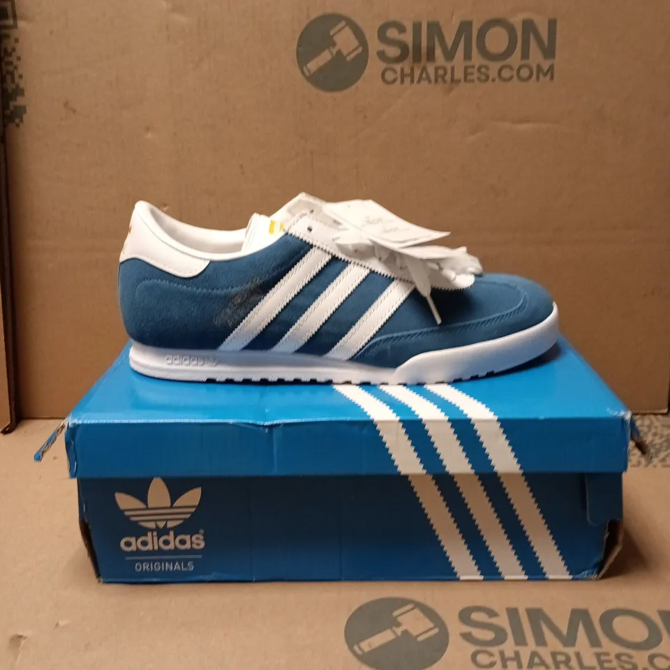 ADIDAS ORIGINALS BECKENBAUER TRAINERS – BLUE SUEDE, WHITE STRIPES, UK 10 (US 10½)