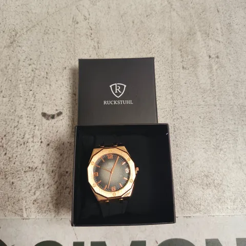 RUCKSTUHL ROSE GOLD-TONE OCTAGONAL CASE WRISTWATCH, BLACK RUBBER STRAP – BOXED